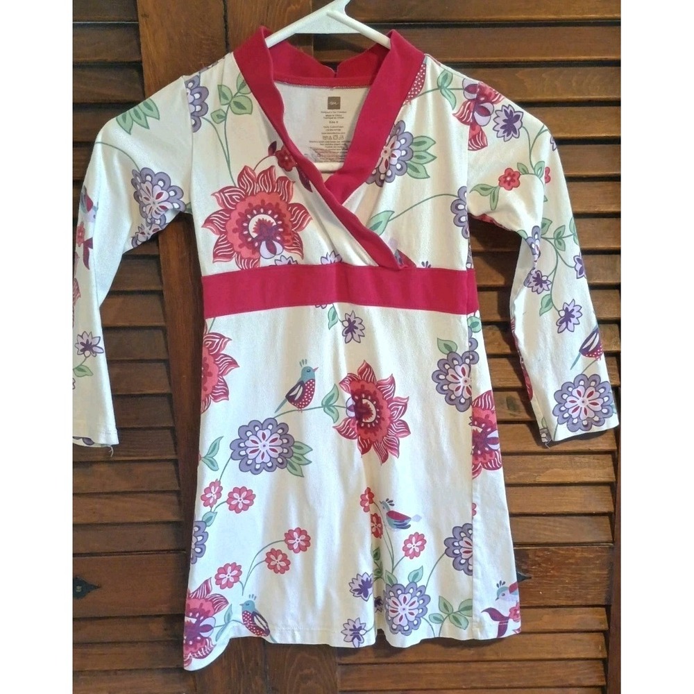 Tea Collection Dress Girls Sz 5 Bright Floral Print Long Sleeve Cotton Fun Party